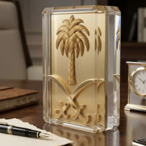 A golden shield featuring two swords and a palm tree, encased in crystal.